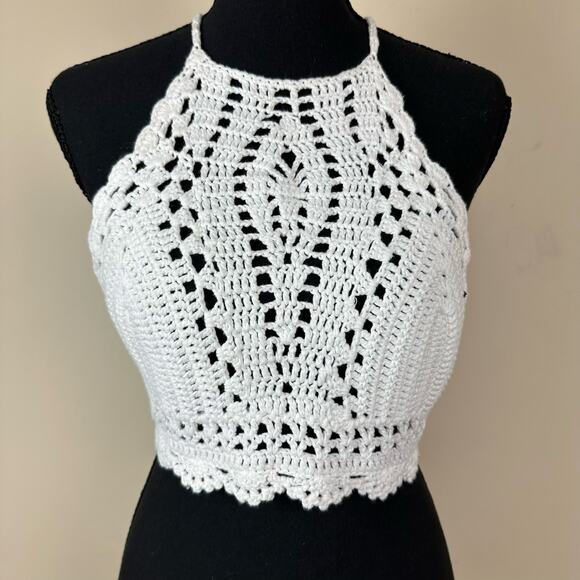 Forever 21 Tops - Womens White Crochet Knit Halter Top Boho Tie Back Festival Beach Knit Bralette